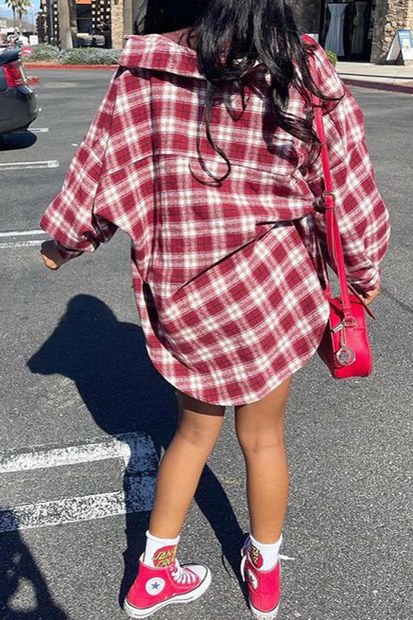 Casual Red Plaid Single Breasted Long Sleeve Loose Blouse
