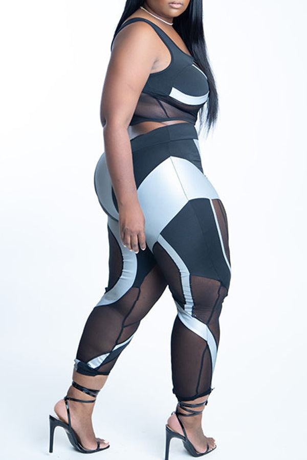Sport Plus Size Slim Contrast Color Stitching Sleeveless Camisole Leggings Set
