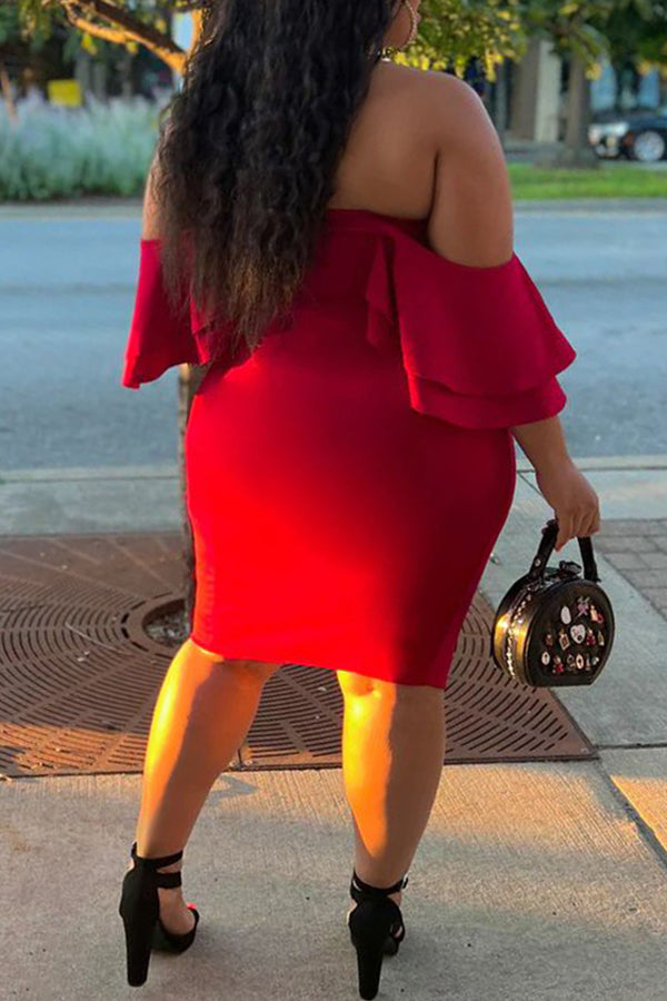 Sexy Plus Size Bandeau Ruffle Sleeve Slim Solid Color Midi Dress