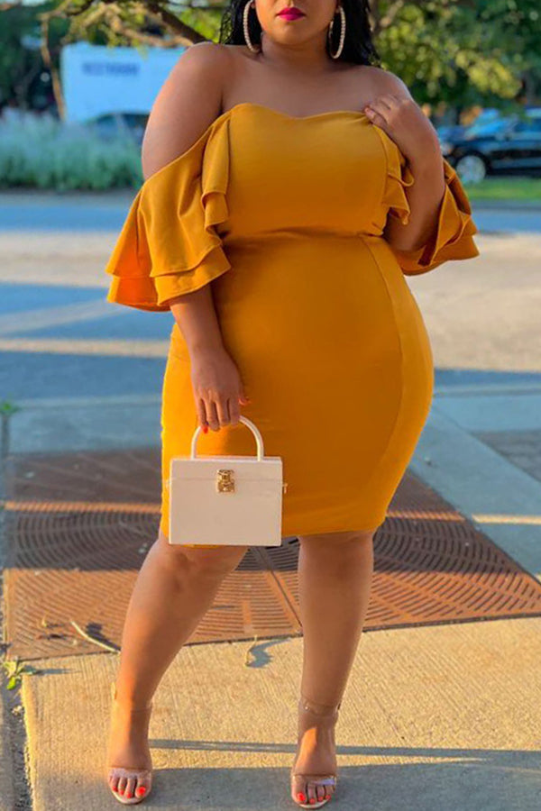 Sexy Plus Size Bandeau Ruffle Sleeve Slim Solid Color Midi Dress