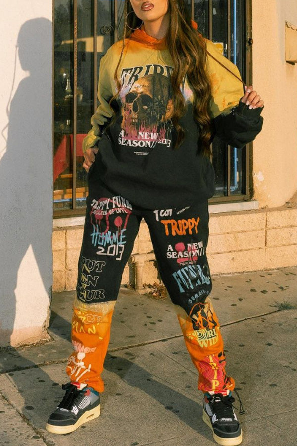 On-trend Graffiti Print Ombre Hoodie Pant Suits