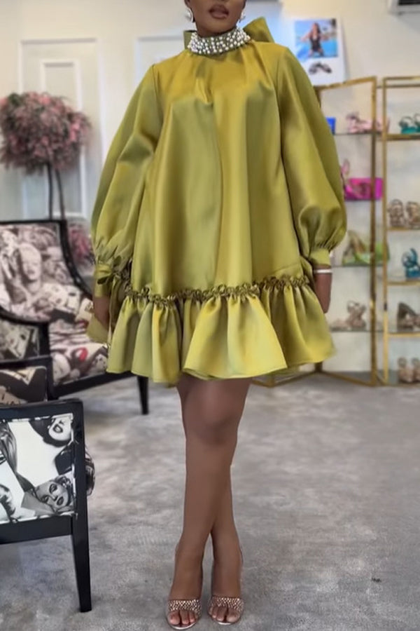 Elegant Puff Sleeve Satin Solid Color Ruffle Lace-Up Mini Dress