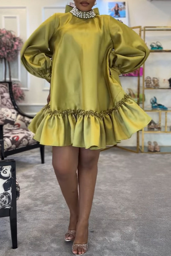 Elegant Puff Sleeve Satin Solid Color Ruffle Lace-Up Mini Dress