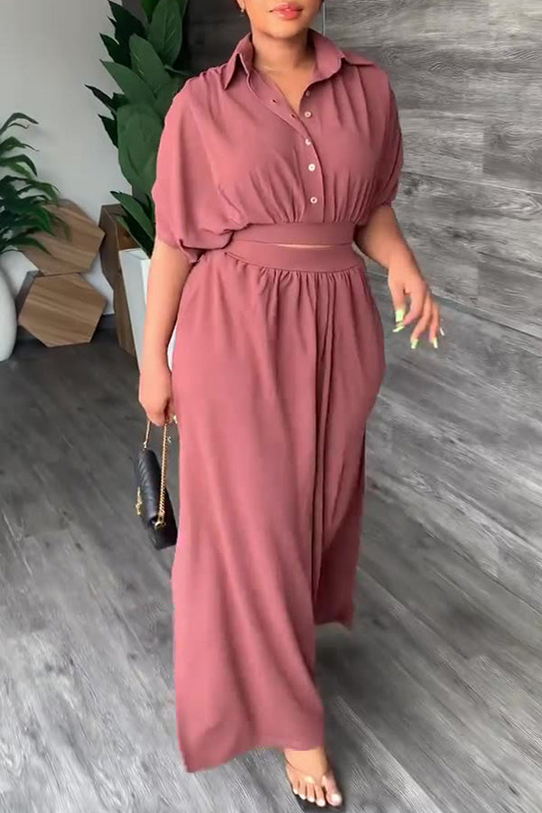 Simple Solid Color Batwing Sleeve Blouse High Waist Slit Long Skirt Suits