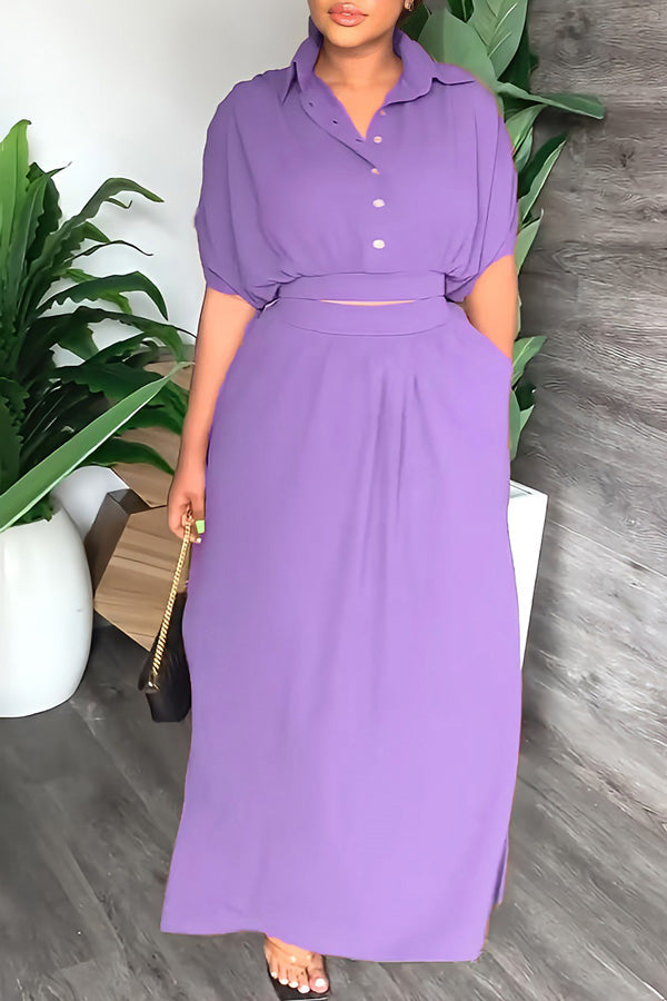 Simple Solid Color Batwing Sleeve Blouse High Waist Slit Long Skirt Suits