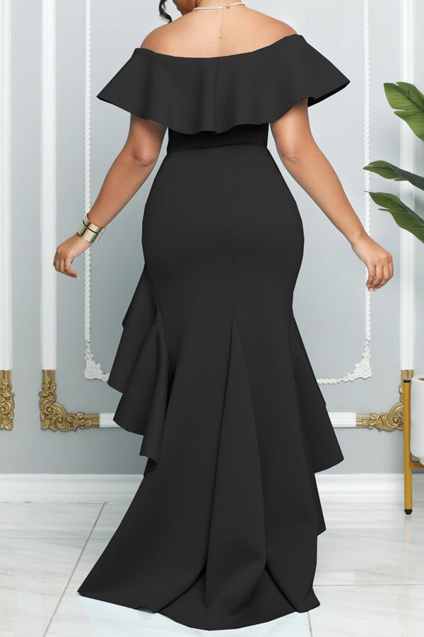 Elegant Solid Color Off Shoulder Ruffle Slim Irregular Fishtail Maxi Dress