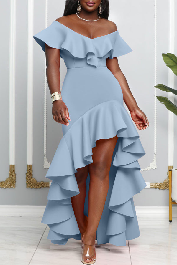 Elegant Solid Color Off Shoulder Ruffle Slim Irregular Fishtail Maxi Dress