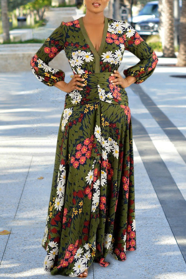 Elegant Floral Print V-neck Long Sleeve Slim Maxi Dress