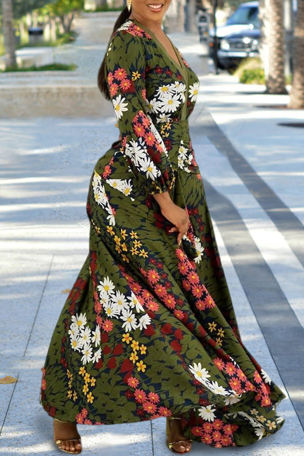 Elegant Floral Print V-neck Long Sleeve Slim Maxi Dress
