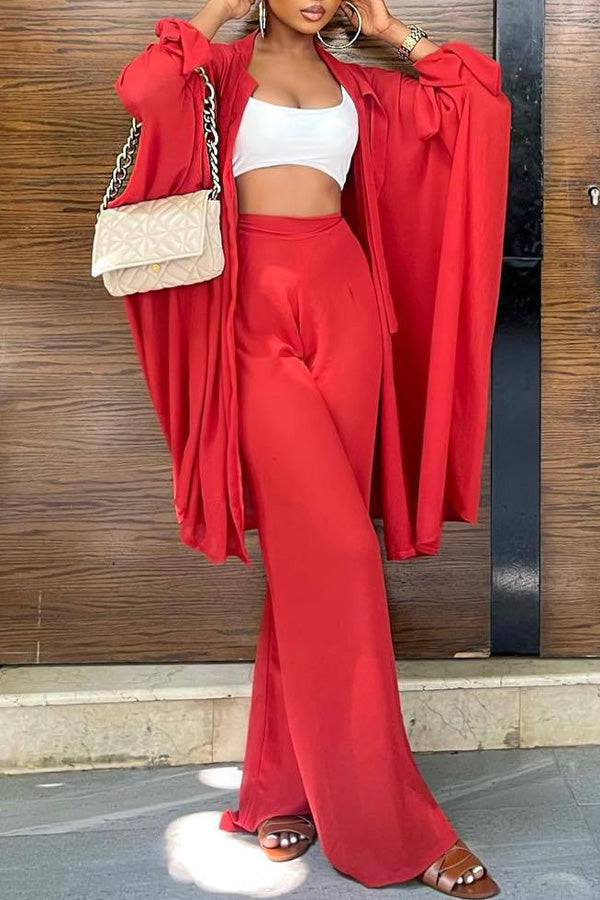 Simple Batwing Sleeve Lace-up Neck Solid Color Blouse Wide Leg Pant Suits