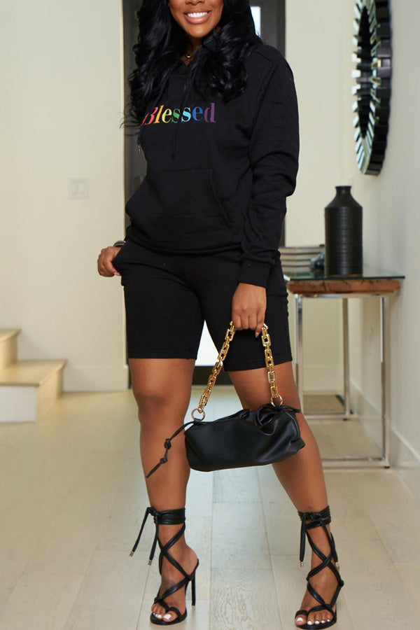 Casual Colorful Letter Print Long Sleeve Hoodie Shorts Set