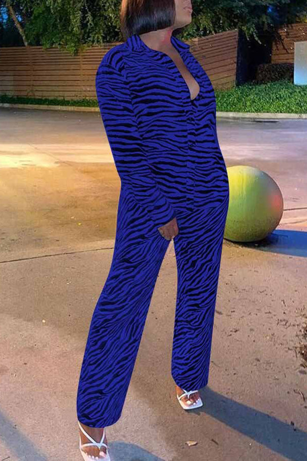 Fashion Zebra Print Long Sleeve Blouse Wide Leg Pants Set