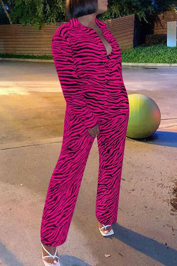 Fashion Zebra Print Long Sleeve Blouse Wide Leg Pants Set