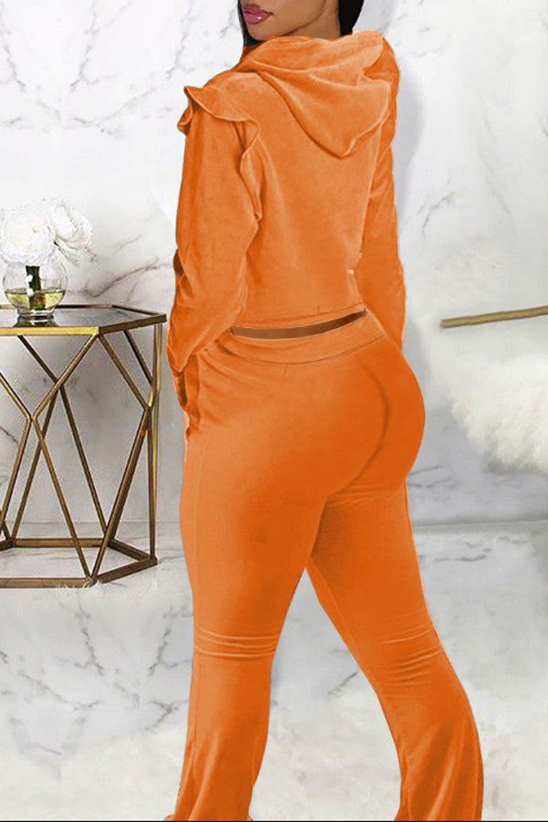 Casual Ruffle Long Sleeve Solid Color Hoodie Flared Pant Suits