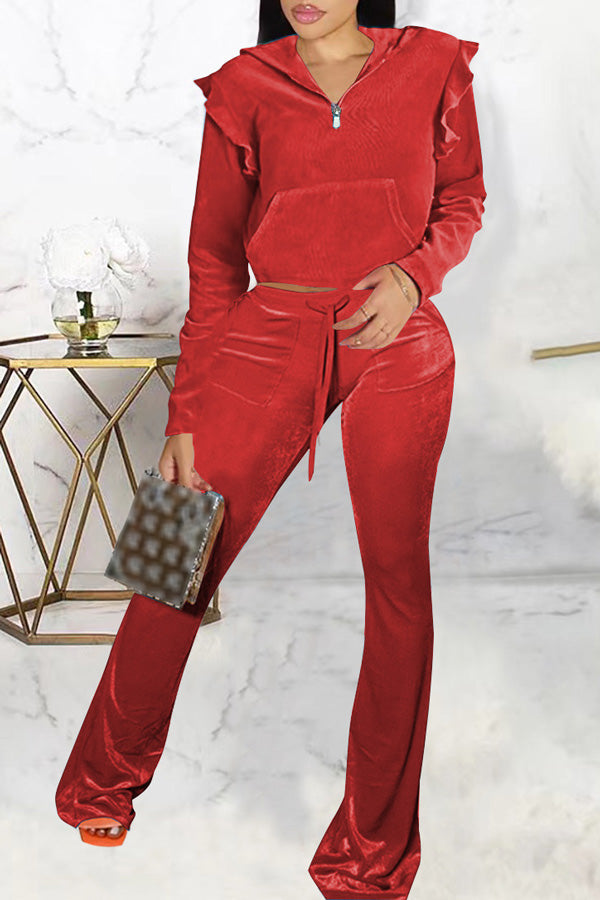 Casual Ruffle Long Sleeve Solid Color Hoodie Flared Pant Suits