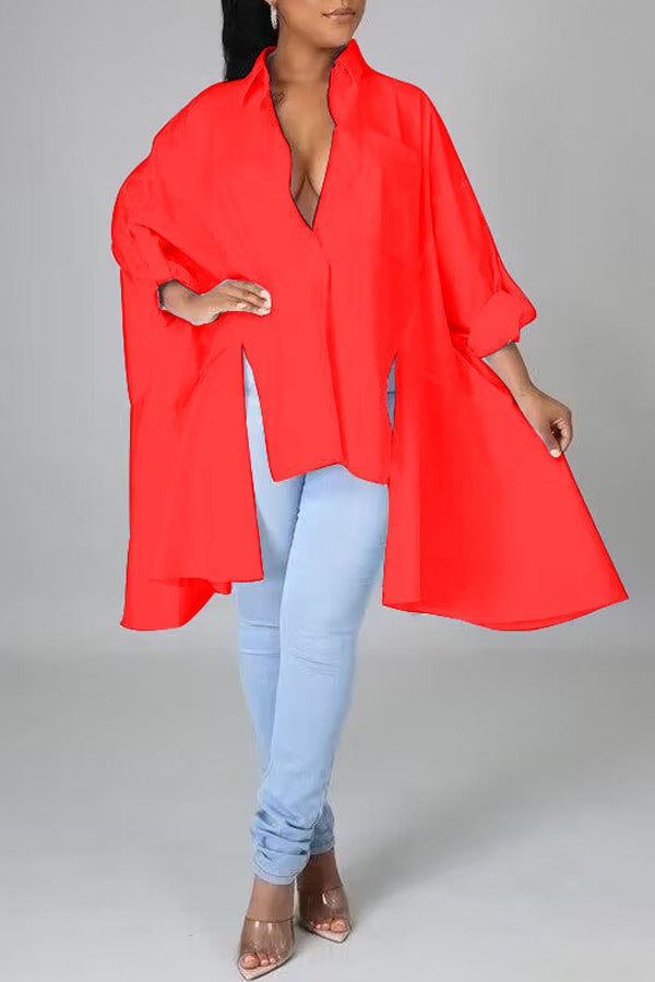 Fashion Batwing Sleeve Solid Color Slit Irregular Loose Blouse