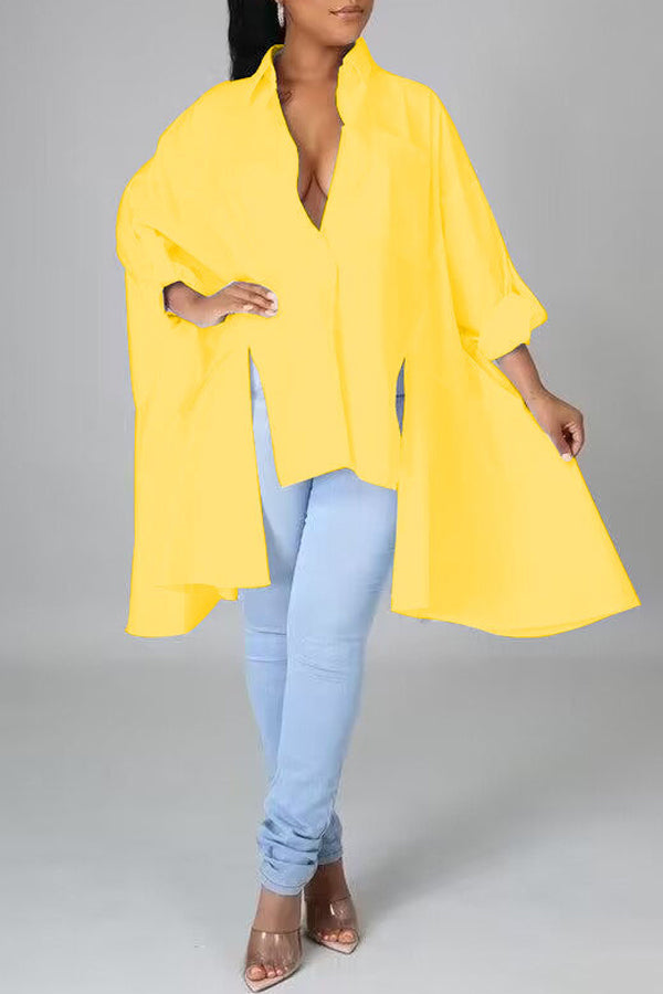 Fashion Batwing Sleeve Solid Color Slit Irregular Loose Blouse