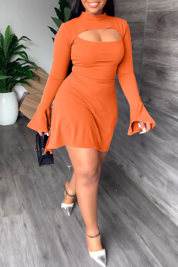 Sexy Flared Sleeve Solid Color Cutout A-Line Mini Dress