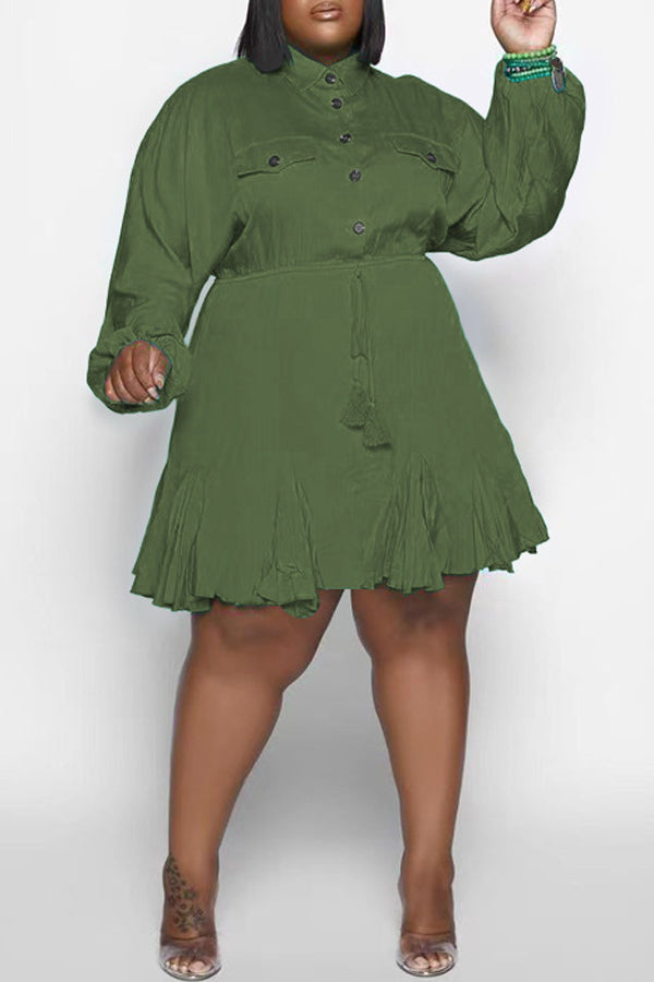 Temperament Plus Size Solid Color Batwing Sleeve Lace-Up Midi Dress