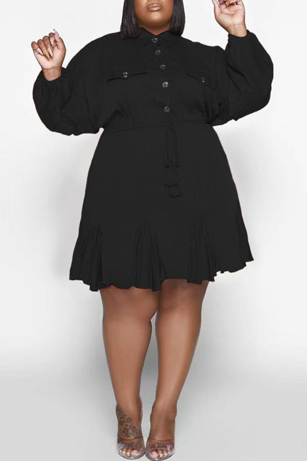 Temperament Plus Size Solid Color Batwing Sleeve Lace-Up Midi Dress