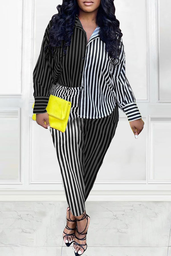 Fashion Colorblock Striped Print Blouse Slim Pant Suits