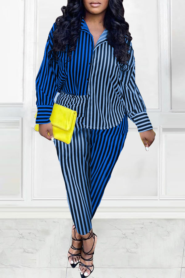 Fashion Colorblock Striped Print Blouse Slim Pant Suits