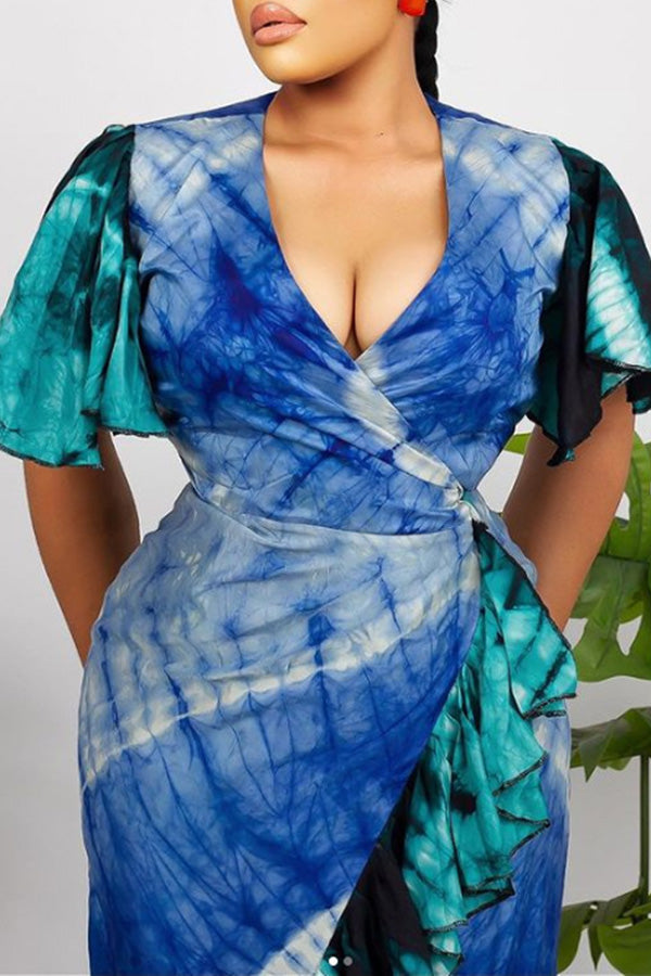 Elegant Tie-Dye Print Ruffle Sleeve V-neck Irregular Ruffle Maxi Dress