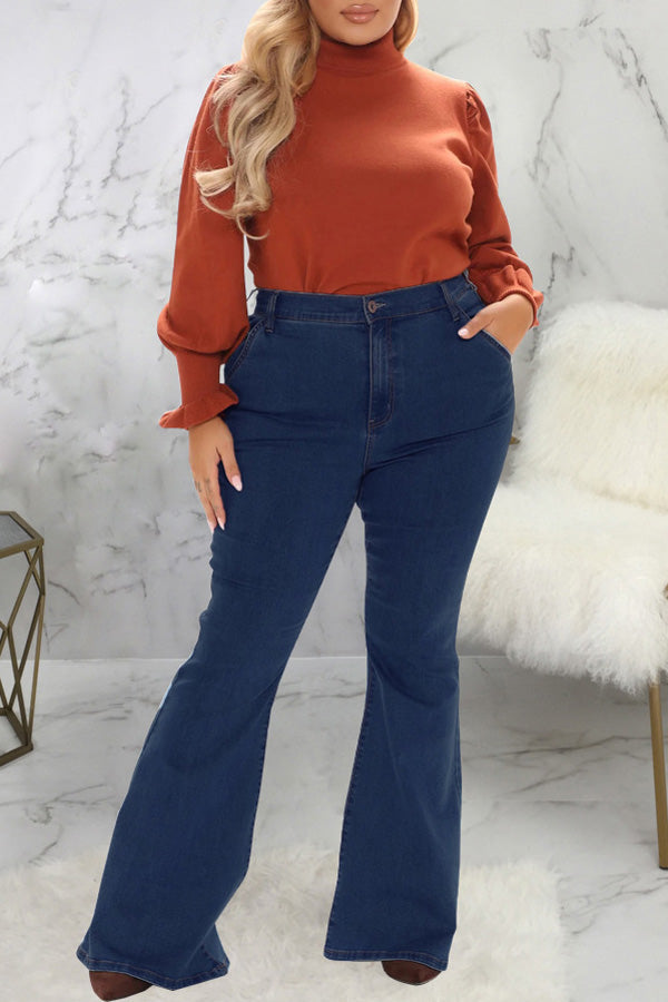 Temperament High Waist Solid Color Plus Size Flared Jeans
