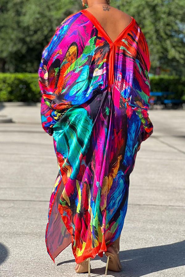 Sexy Plus Size Satin Print V-neck Batwing Sleeve Slit Loose Maxi Dress