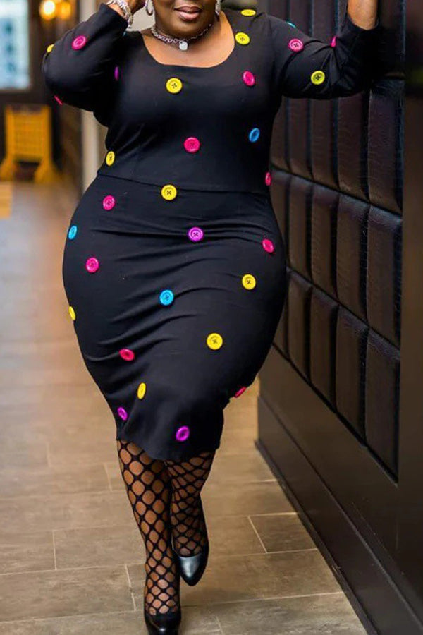 Fashion Plus Size Colorful Button Embellished Long Sleeve Slim Midi Dress