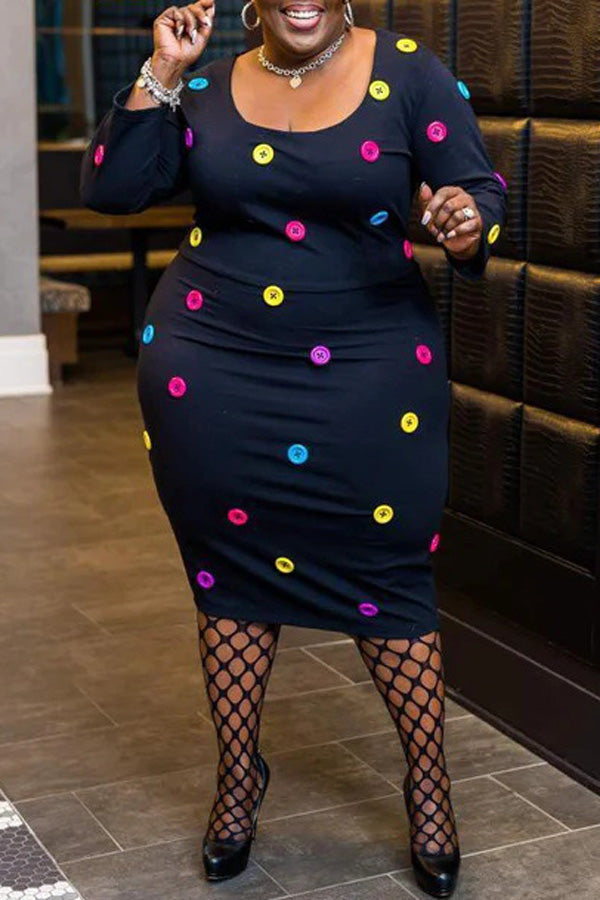 Fashion Plus Size Colorful Button Embellished Long Sleeve Slim Midi Dress