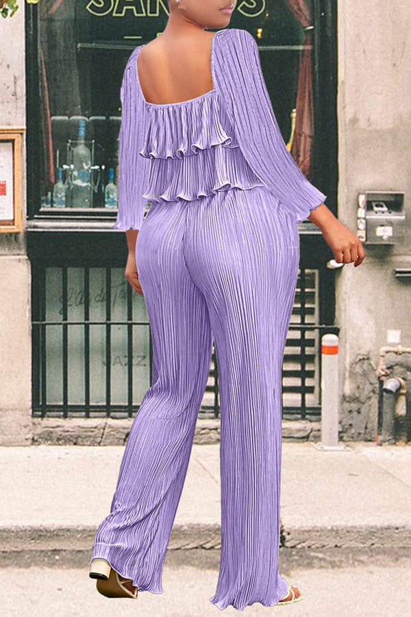 Playful Pleated Solid Ruffled Square Neck Top Wide Leg Pants Set