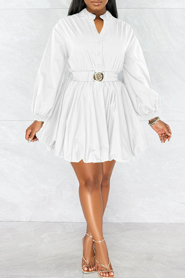 Fashion Long Sleeve Solid Color V-neck Belt A-Line Mini Dress