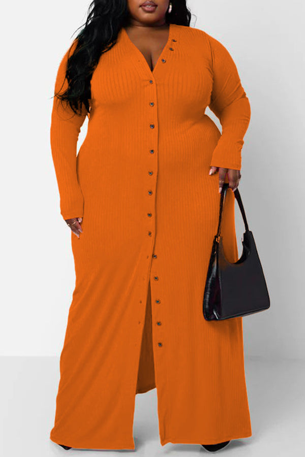 Cozy V-neck Long Sleeve Single Breasted Solid Color Plus Size Maxi Dress