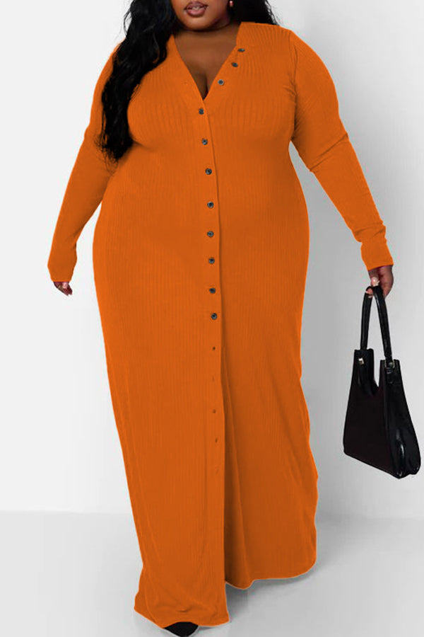 Cozy V-neck Long Sleeve Single Breasted Solid Color Plus Size Maxi Dress