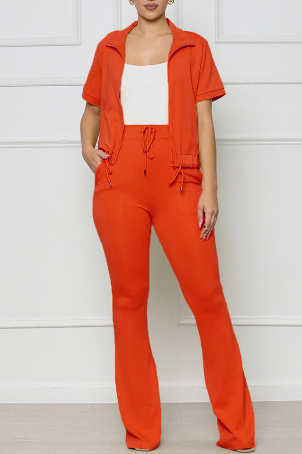 Casual Solid Color Short Sleeve Lapel Jacket High Waist Pant Suits