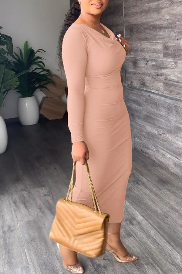 Feminine Solid Color Slim Long Sleeve V-neck Maxi Dress