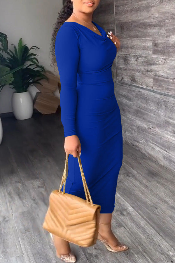 Feminine Solid Color Slim Long Sleeve V-neck Maxi Dress