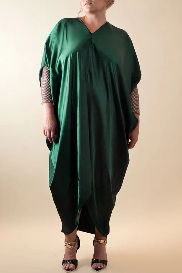 Simple V-neck Batwing Sleeve Stain Solid Color Loose Maxi Dress