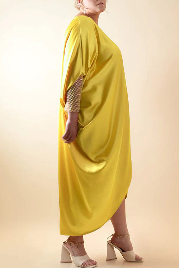 Simple V-neck Batwing Sleeve Stain Solid Color Loose Maxi Dress