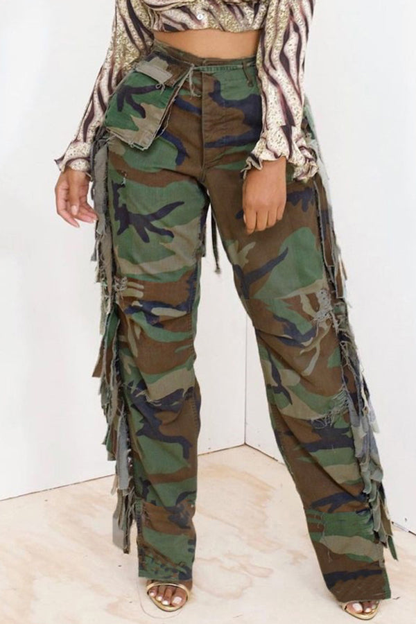 Fashion Camouflage Print Lace-Up Pocket Tassels Straight Pants