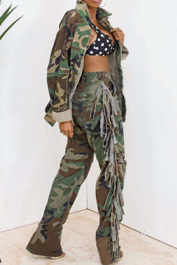 Fashion Camouflage Print Lace-Up Pocket Tassels Straight Pants