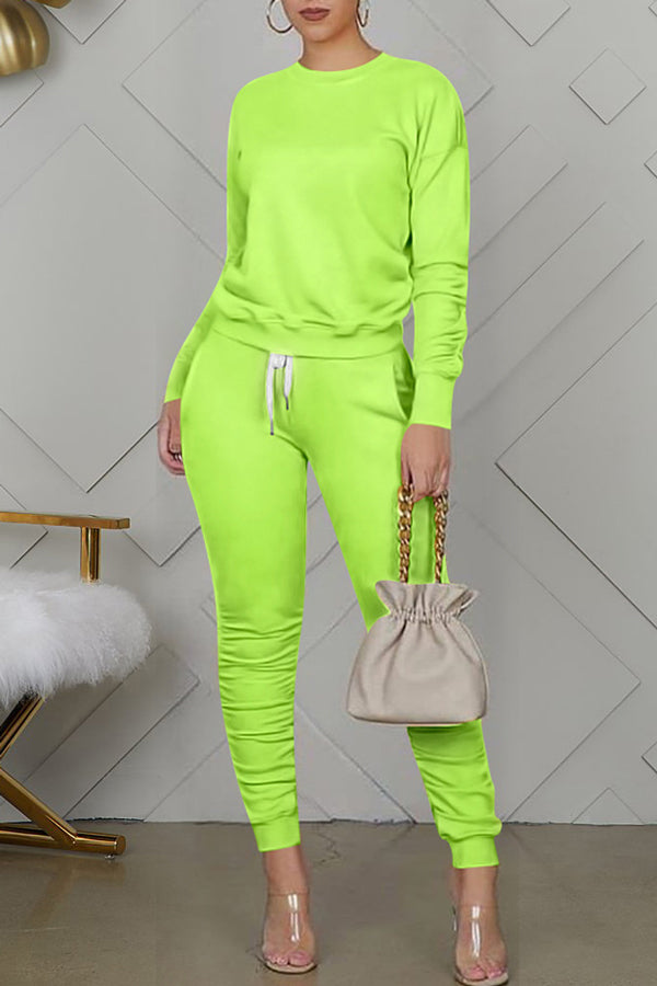Comfortable Solid Color Round Neck Pleated Sweatshirt Slim Pant Suits