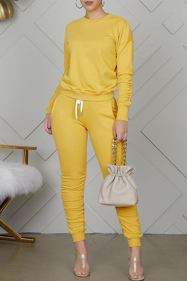 Comfortable Solid Color Round Neck Pleated Sweatshirt Slim Pant Suits