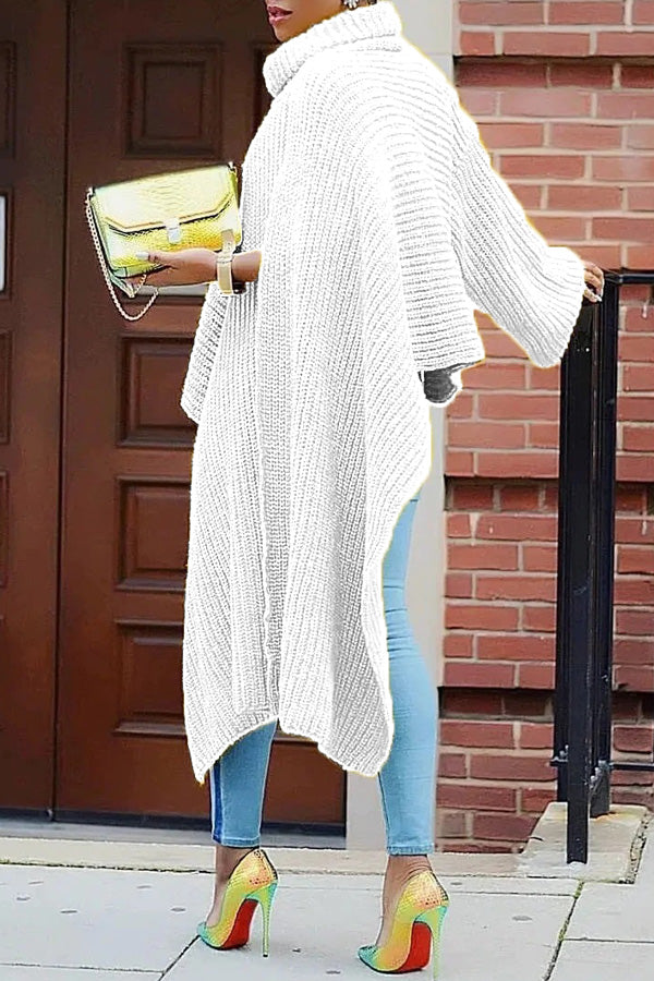 Chic High Neck One Sleeve Solid Color Slit Irregular Sweater
