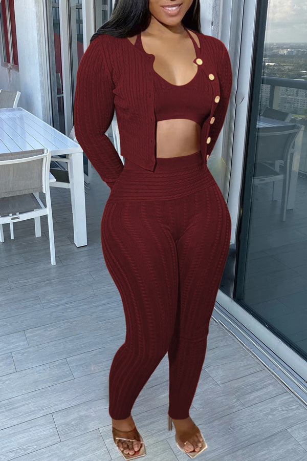 Sexy Solid Color Knit Long Sleeve Cardigan Short Camisole High Waist Leggings Set