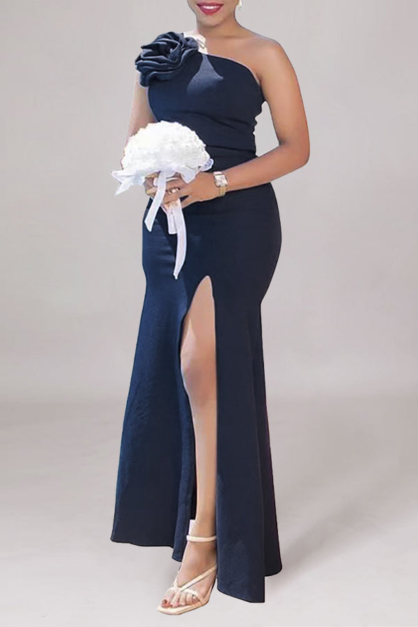Elegant Sleeveless One Shoulder Solid Color Slit Slim Maxi Dress