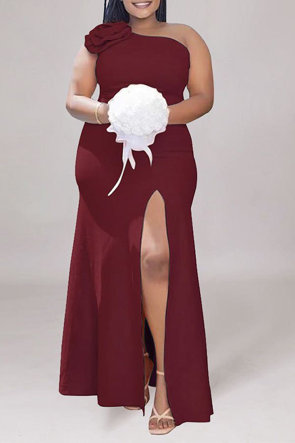 Elegant Sleeveless One Shoulder Solid Color Slit Slim Maxi Dress