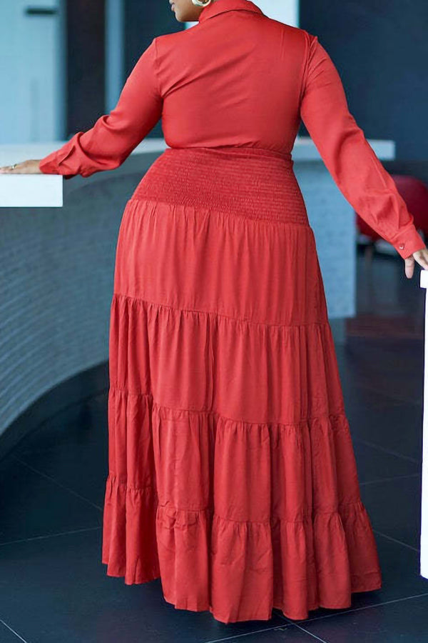 Sexy Solid Color Long Sleeve Knotted Short Blouse High Waist Long Skirt Suits