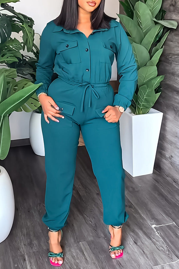 Simple Solid Color Pocket Shirt Collar Lace-Up Cargo Jumpsuits